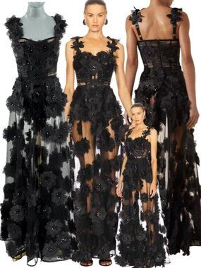 🆕 BRONX & BANCO 🧿 NWOT Rosalie Noir Floral-Appliqué Tulle Gown, Sz M US 6